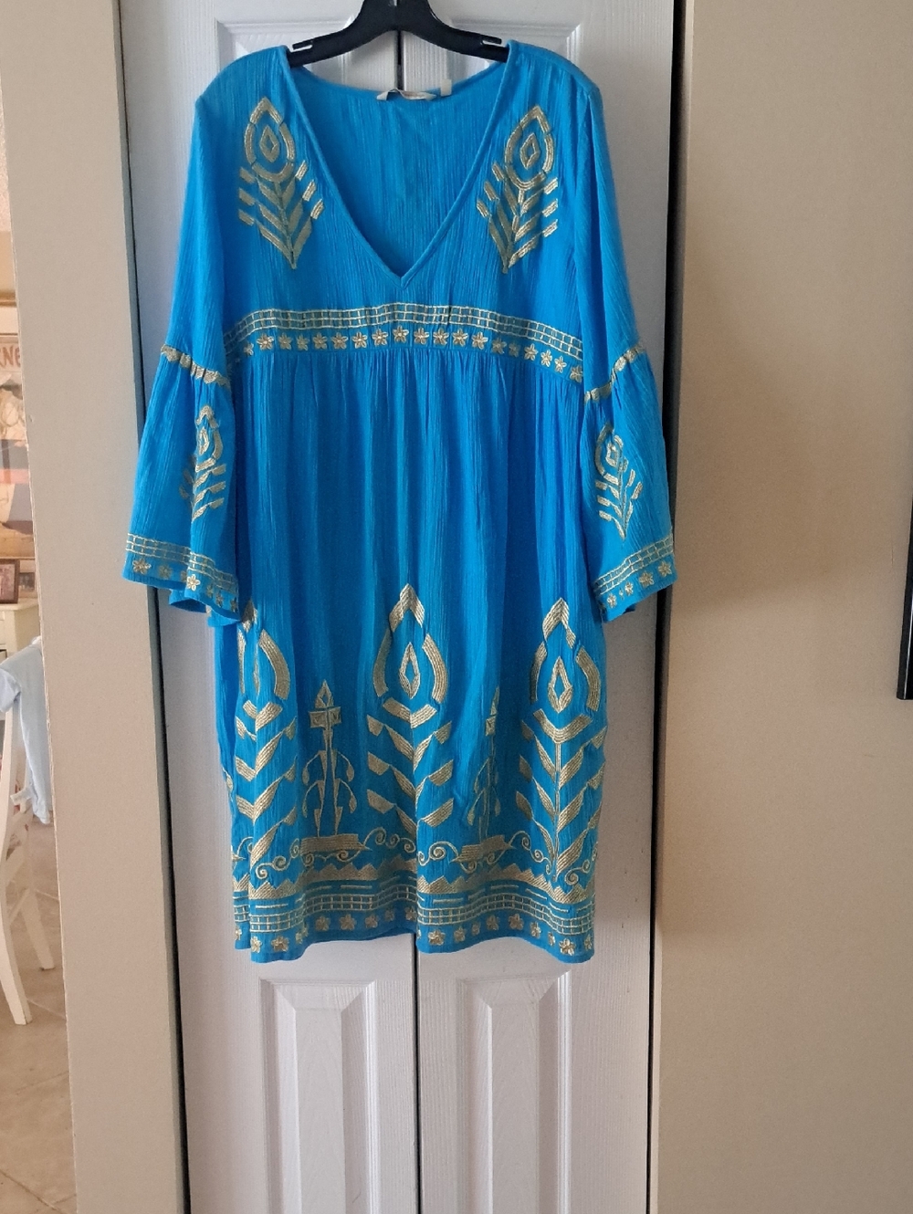 Soft Surroundings Torquoise&Gold Zeneta Cotton Gauze Tunic Dress SzL Excellent